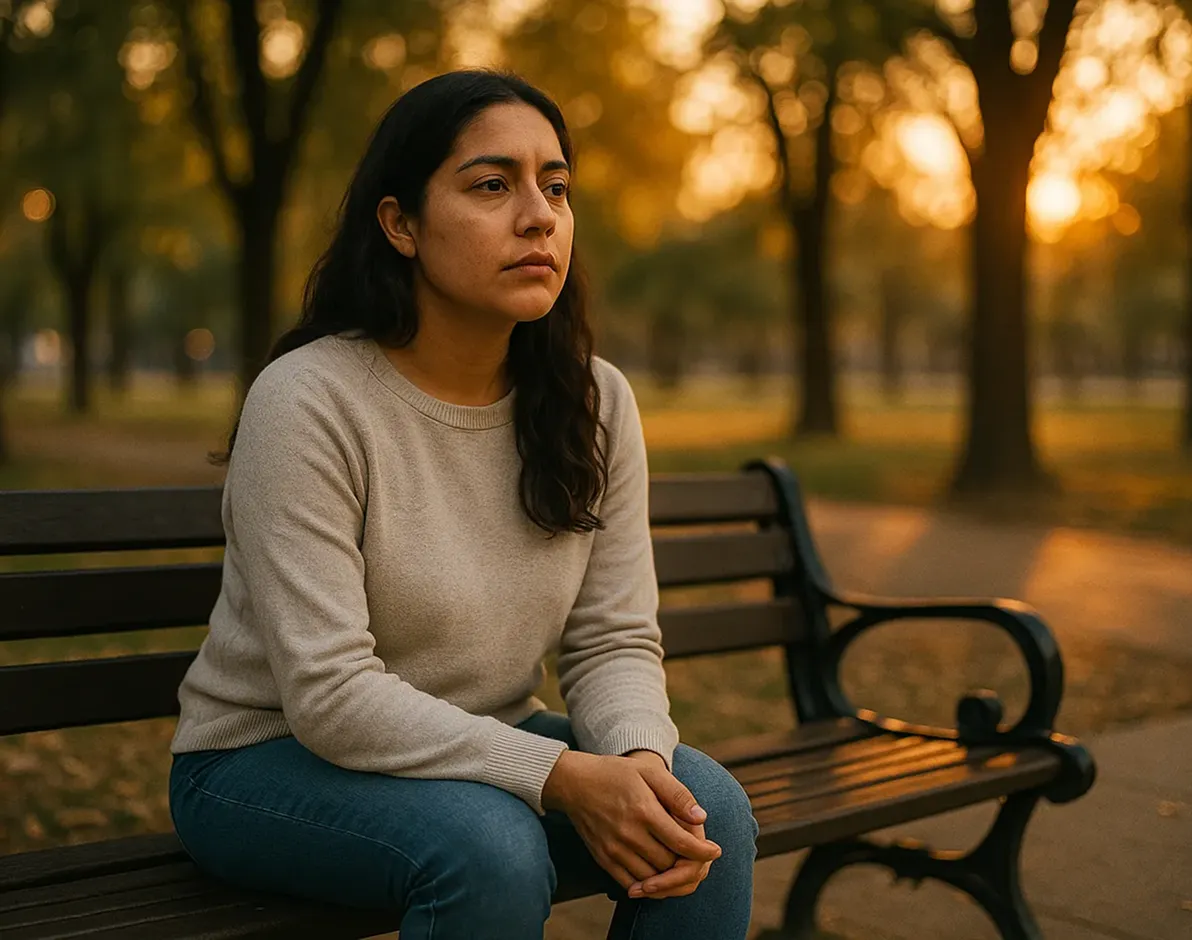 Mujer mexicana de 30 años sentada en un parque al atardecer, representando la experiencia emocional de vivir con depresión.
