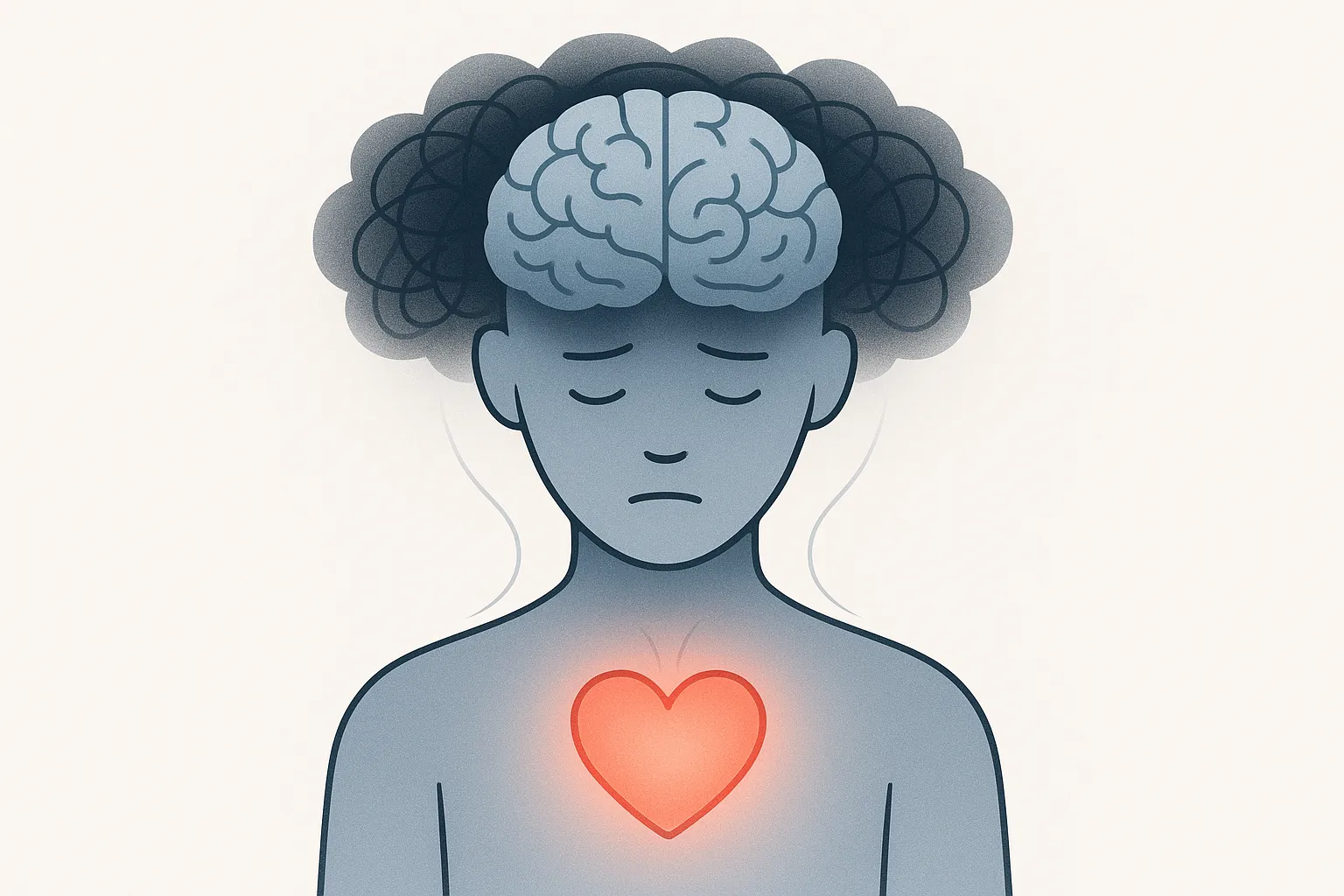Ilustración conceptual de un cerebro con líneas enredadas y un corazón cercano, representando la conexión entre pensamiento y emoción en la depresión.