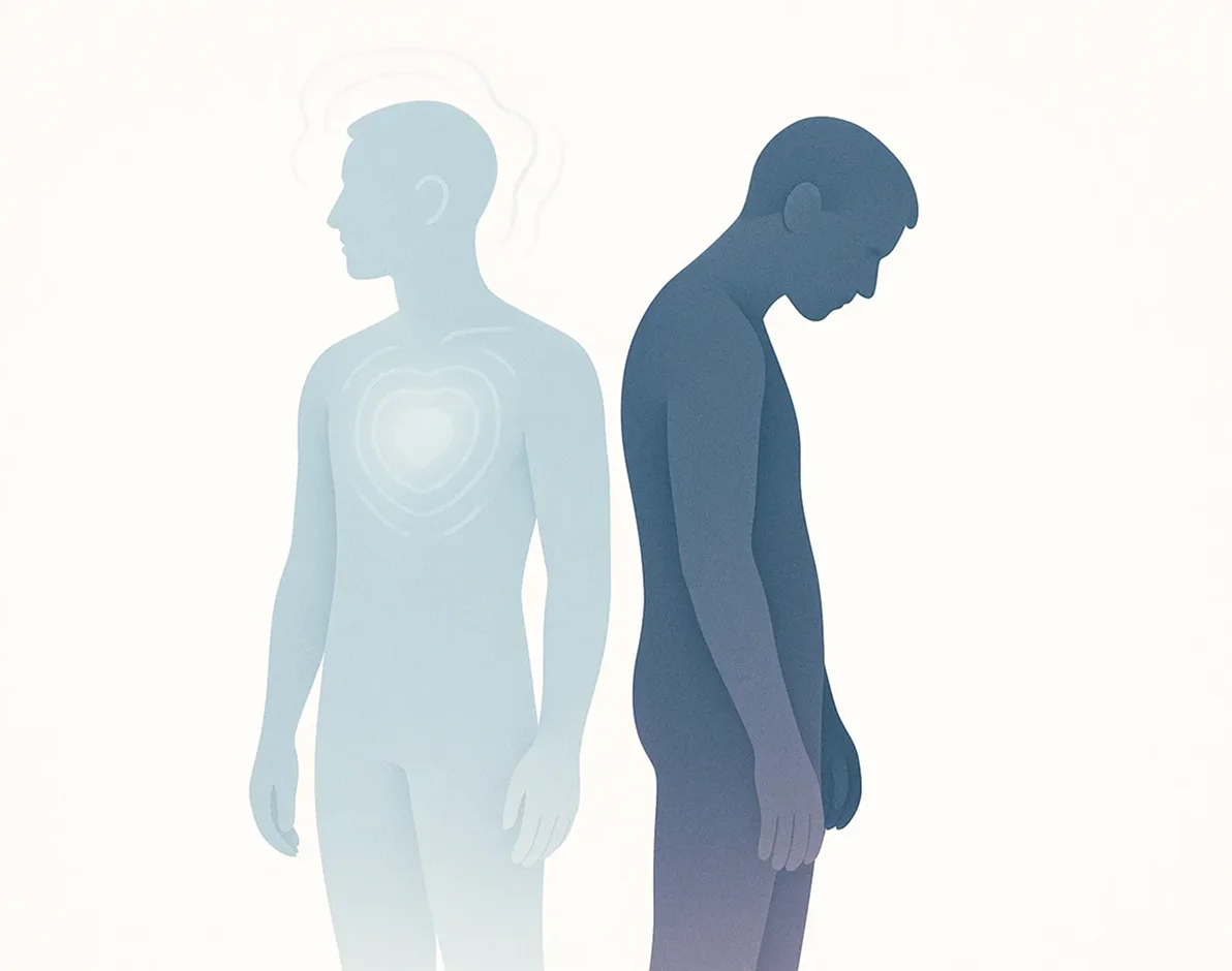 Ilustración conceptual de dos figuras humanas espalda con espalda en un entorno claro: una representa ansiedad con líneas suaves de activación interna; la otra, depresión con postura encorvada.