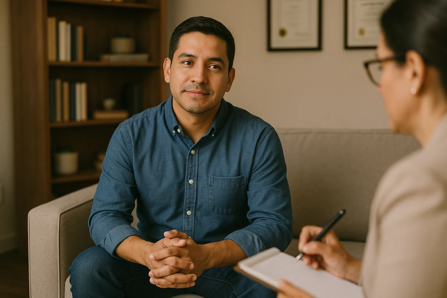 Hombre mexicano de 30 años en una consulta con un terapeuta, con expresión tranquila y abierta, en un espacio profesional iluminado y acogedor.