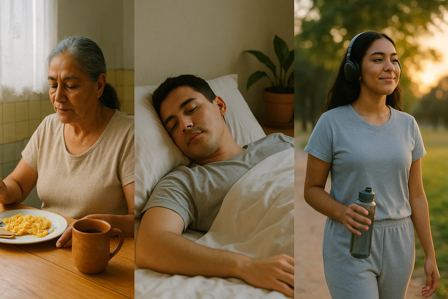 Imagen dividida en tres escenas cotidianas: una mujer mayor desayunando huevo con café, un hombre dormido plácidamente en su cama, y una mujer joven caminando con audífonos en un parque al atardecer.