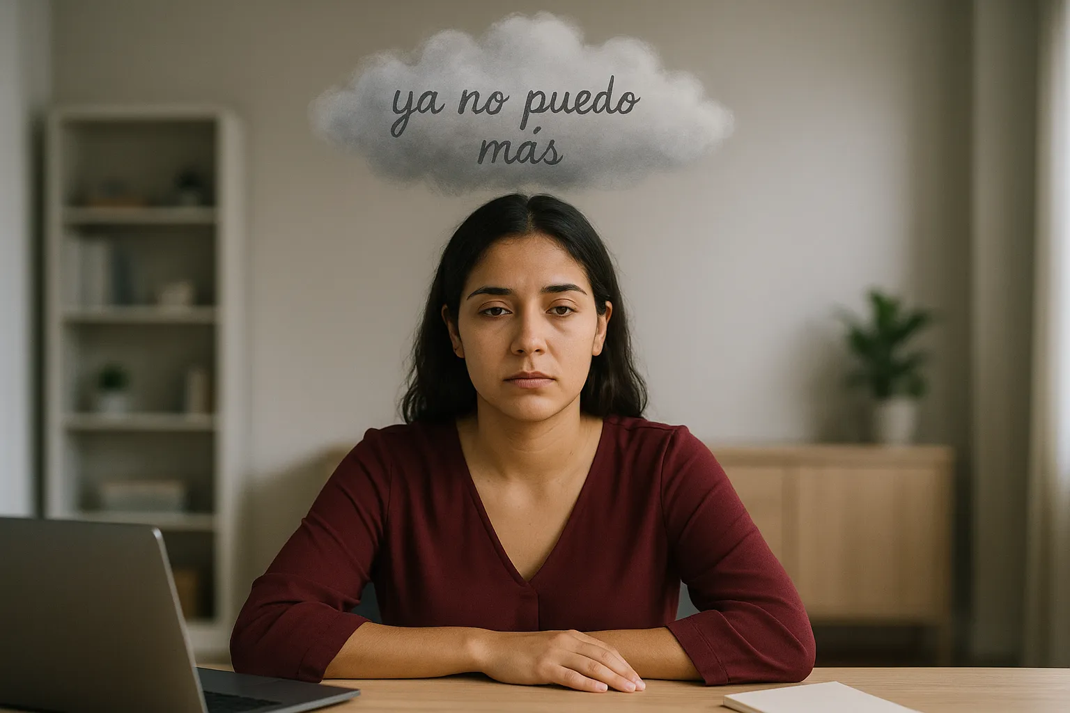 Mujer mexicana joven con blusa color vino y expresión de cansancio mental en una oficina, con una nube simbólica sobre su cabeza que dice “ya no puedo más”.