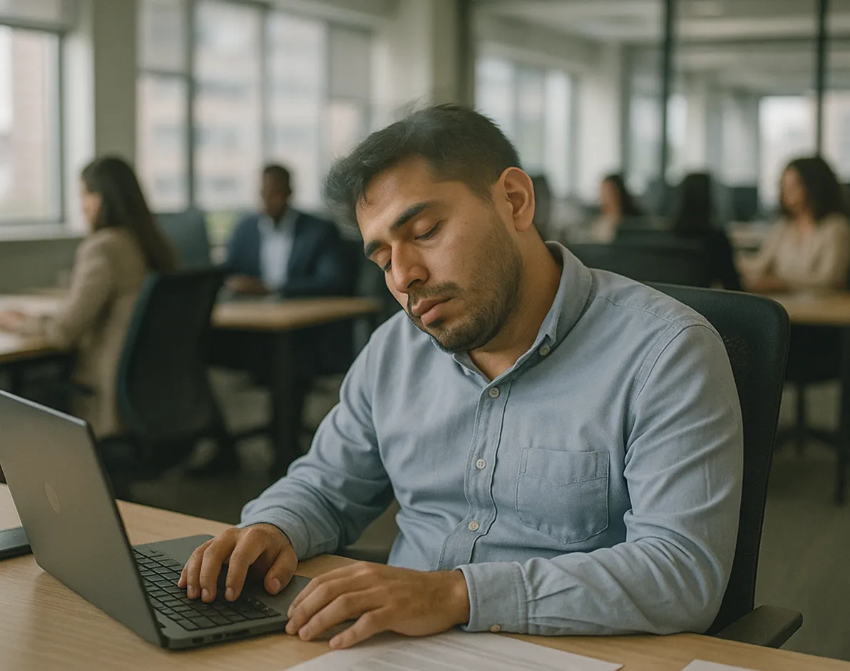 Hombre mexicano joven en oficina, con la cabeza ladeada y expresión desconectada, como si estuviera quedándose dormido sin querer.