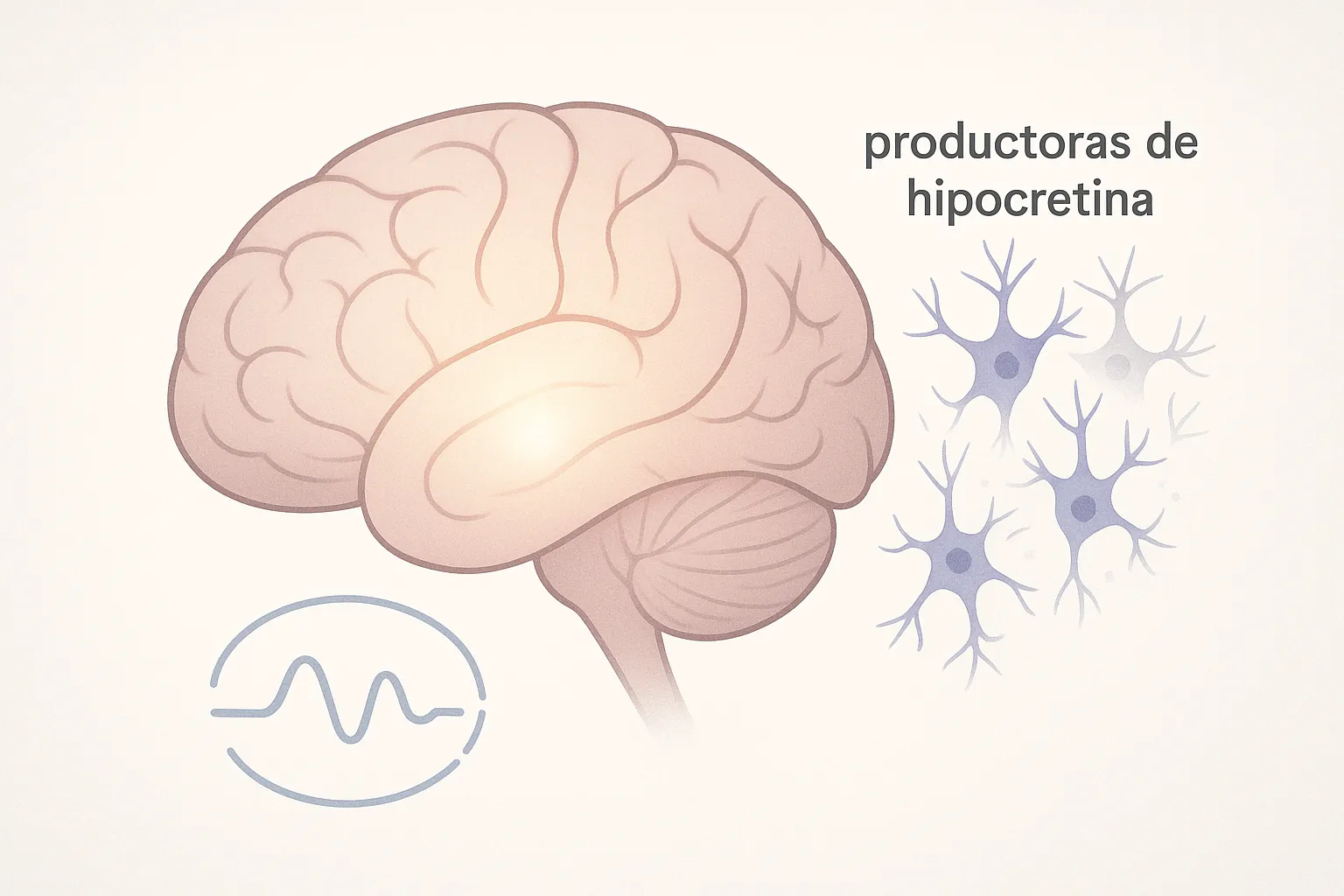 Ilustración médica minimalista de un cerebro con pérdida de neuronas productoras de hipocretina y un ciclo de sueño interrumpido representado de forma simbólica.