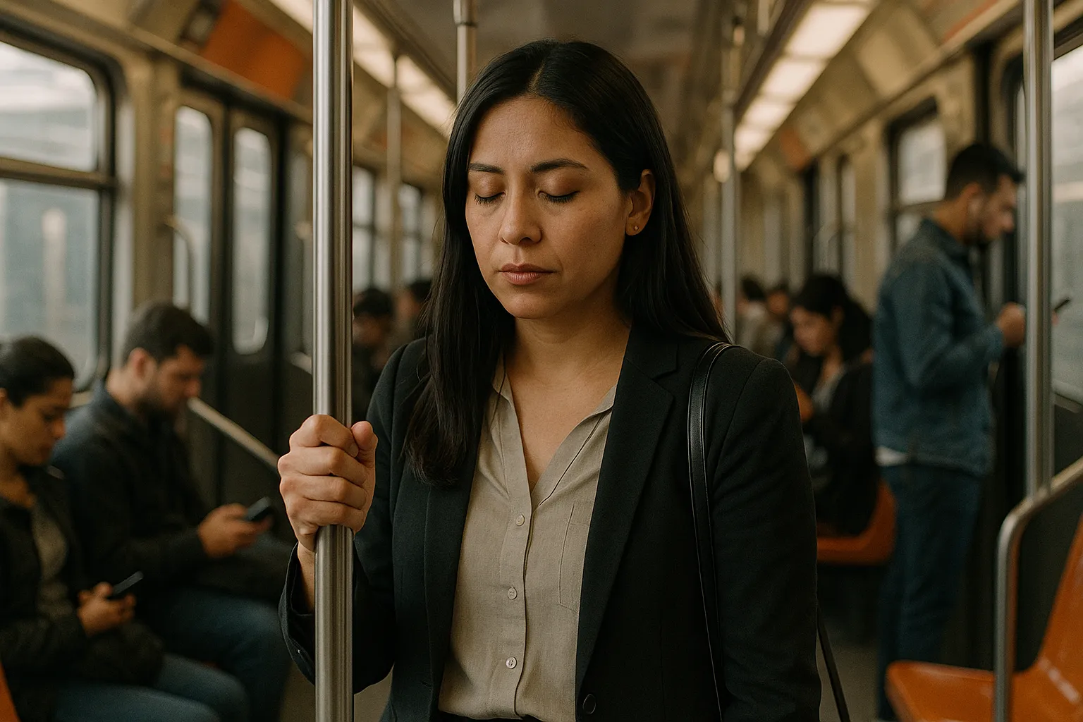 Mujer mexicana de pie en el Metro de la Ciudad de México, con los ojos cerrados y la cabeza ladeada, como si se quedara dormida sin querer.