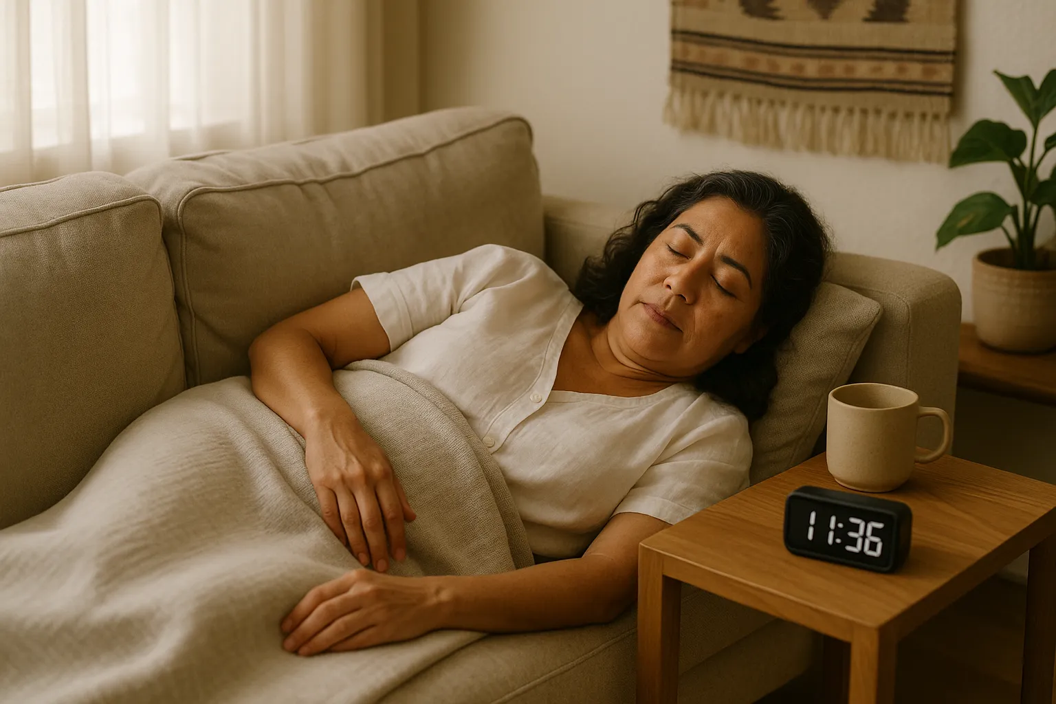 Mujer mexicana recostada en un sillón, descansando con los ojos cerrados junto a una mesa lateral con un reloj que marca las 11:36.