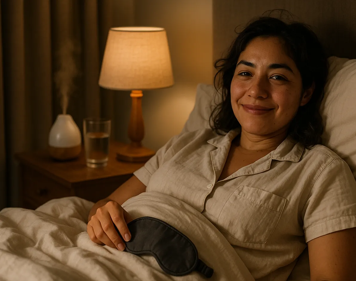 Mujer mexicana recostada con antifaz en la mano, luz ámbar y cortinas blackout; habitación lista para dormir.