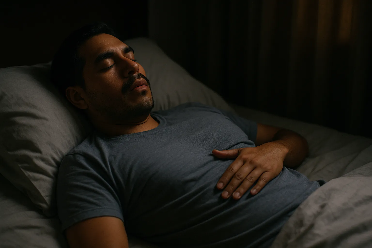 Hombre mexicano acostado practicando respiración 4-7-8; mano en el abdomen, luz cálida, sin pantallas.