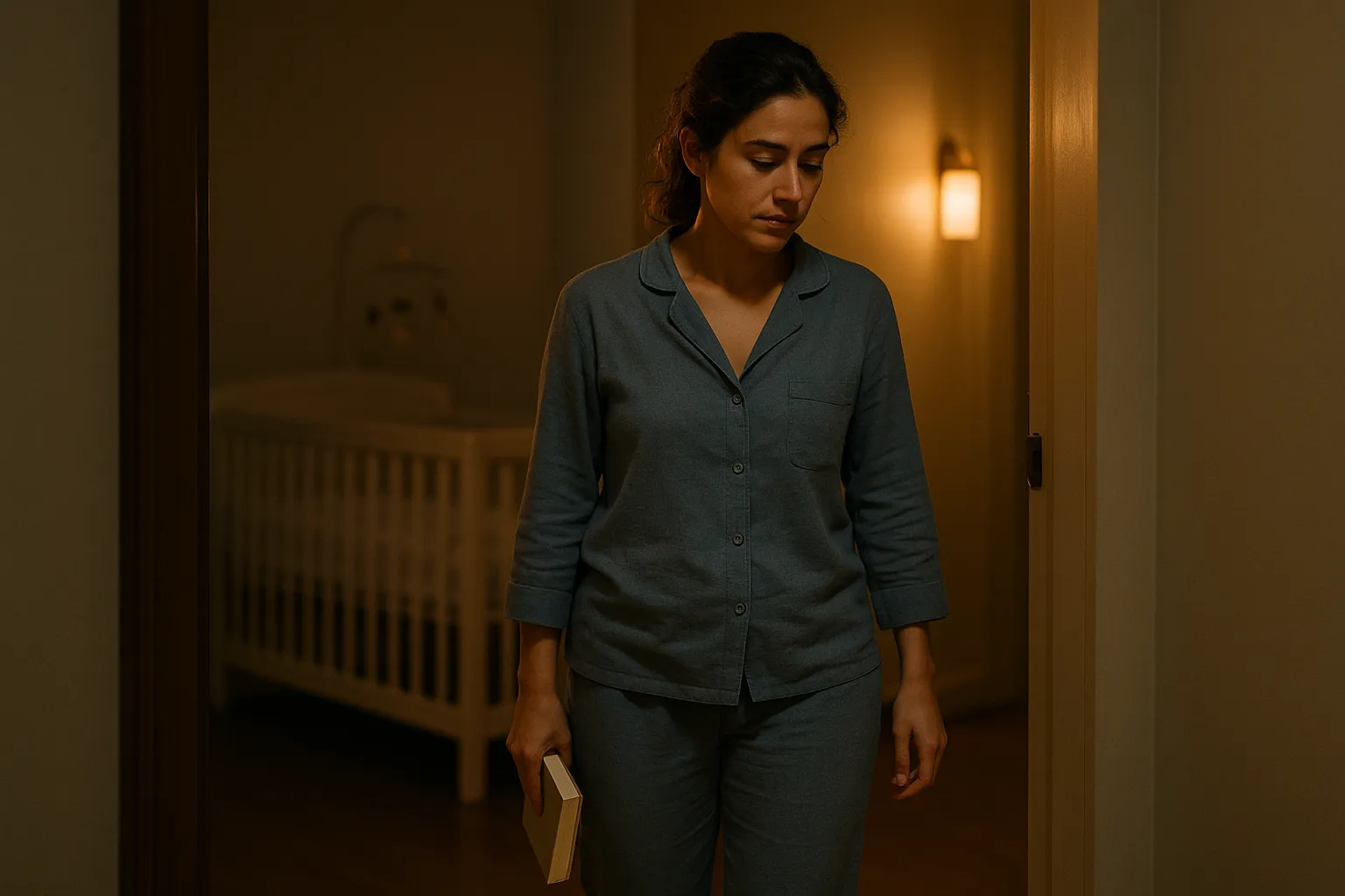 Madre mexicana de piel clara en pijama azul petróleo o lavanda saliendo de su habitación con un libro en la mano, una cuna desenfocada al fondo.
