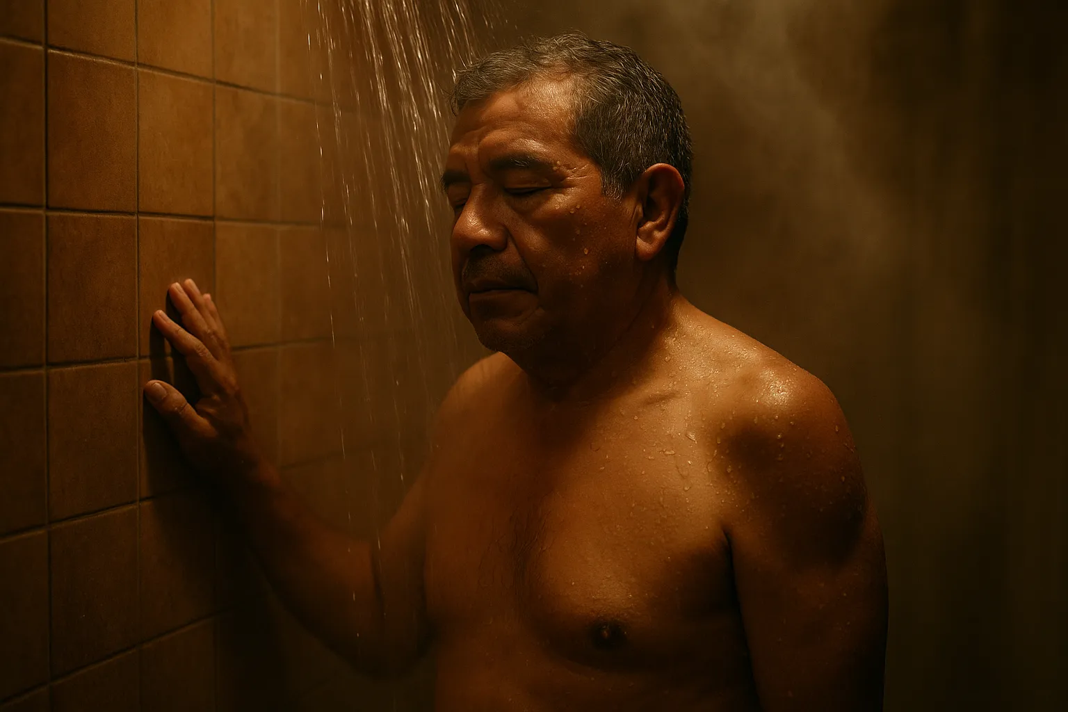 Hombre mexicano de edad mayor tomando una ducha tibia de noche, con los ojos cerrados y el agua cayendo sobre sus hombros.