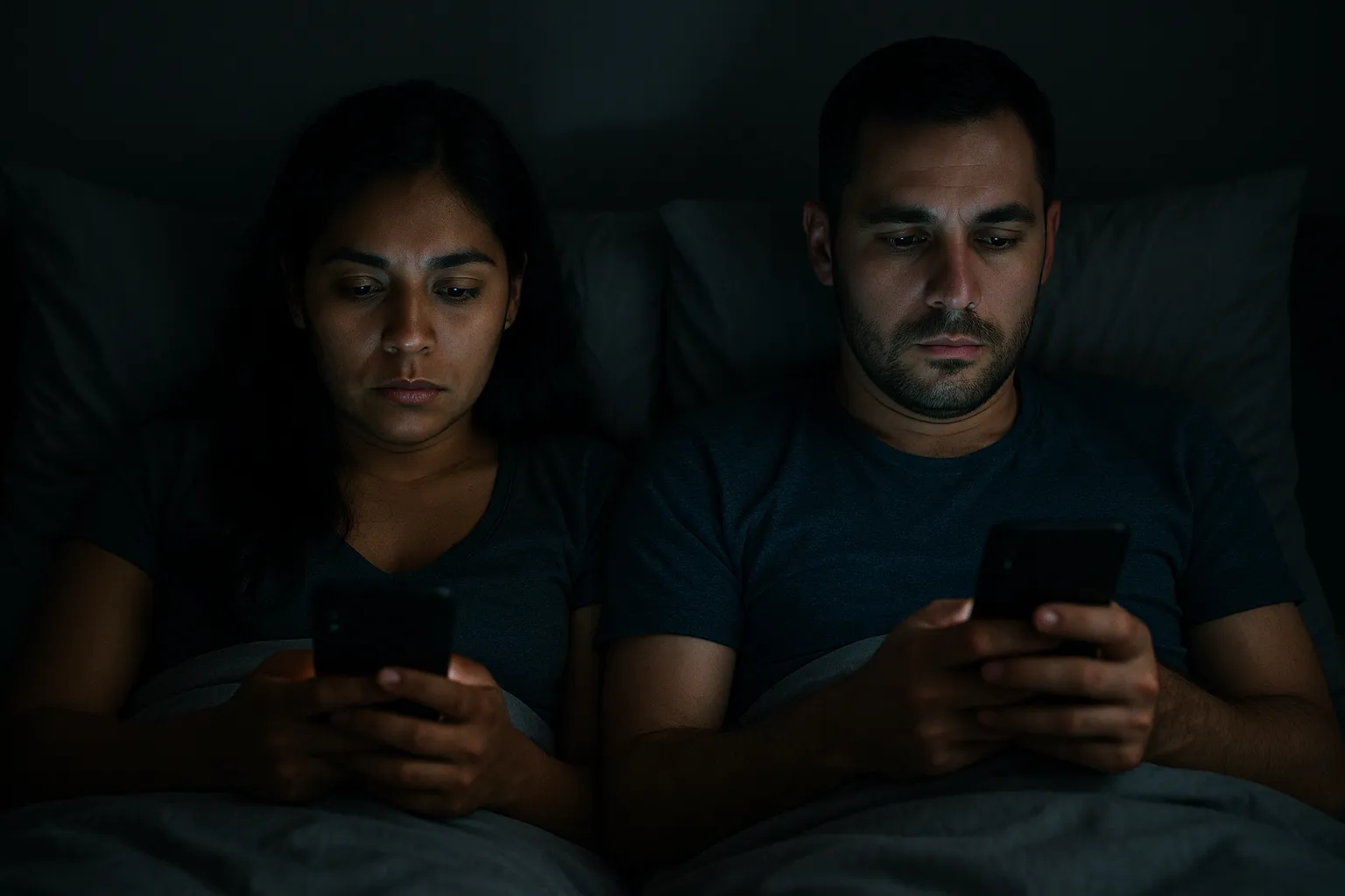 Pareja mexicana acostada en la cama de noche, cada uno usando su celular en la oscuridad, con el rostro iluminado por la luz azul de la pantalla.