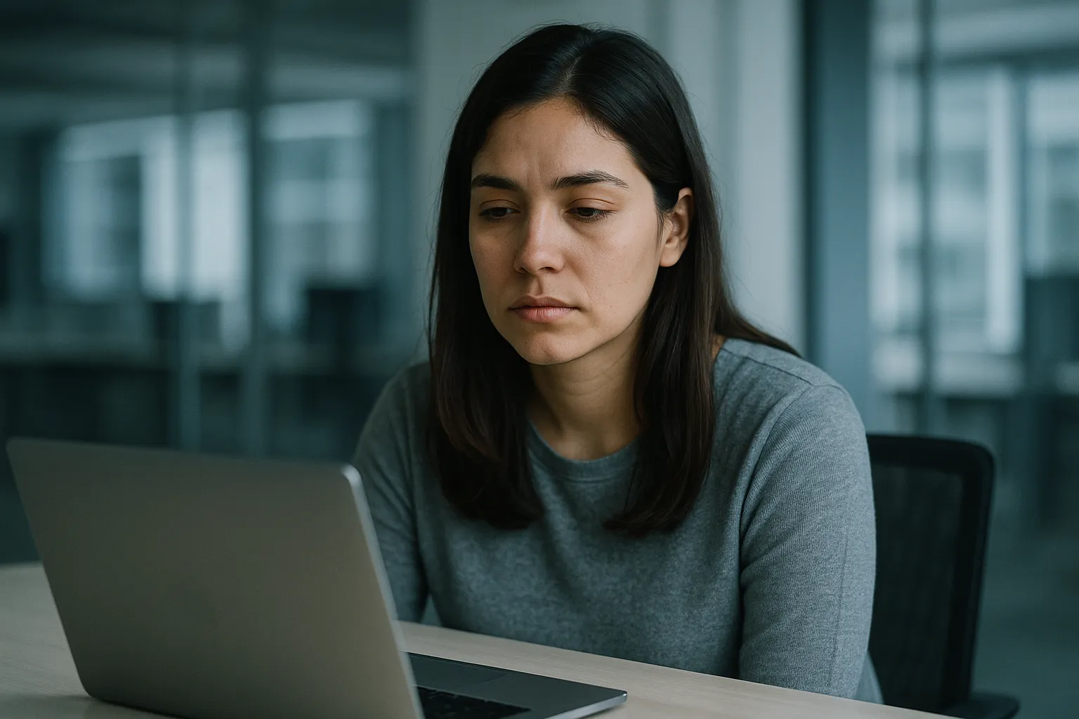 Mujer joven frente a su laptop en la oficina, con expresión de agotamiento emocional y mirada perdida.