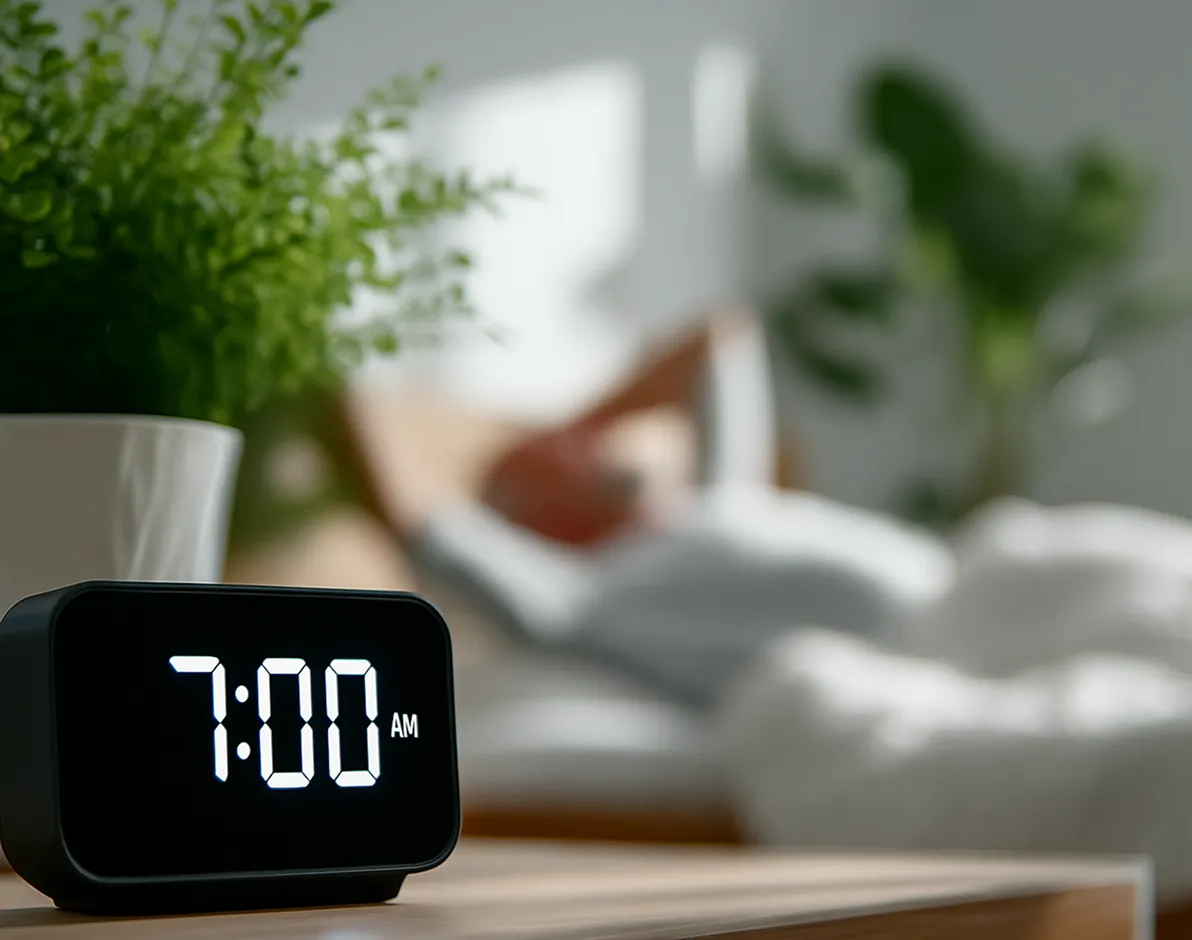 Reloj despertador marcando las 7 am en una mesa de noche, con un adulto mexicano despertando de fondo.