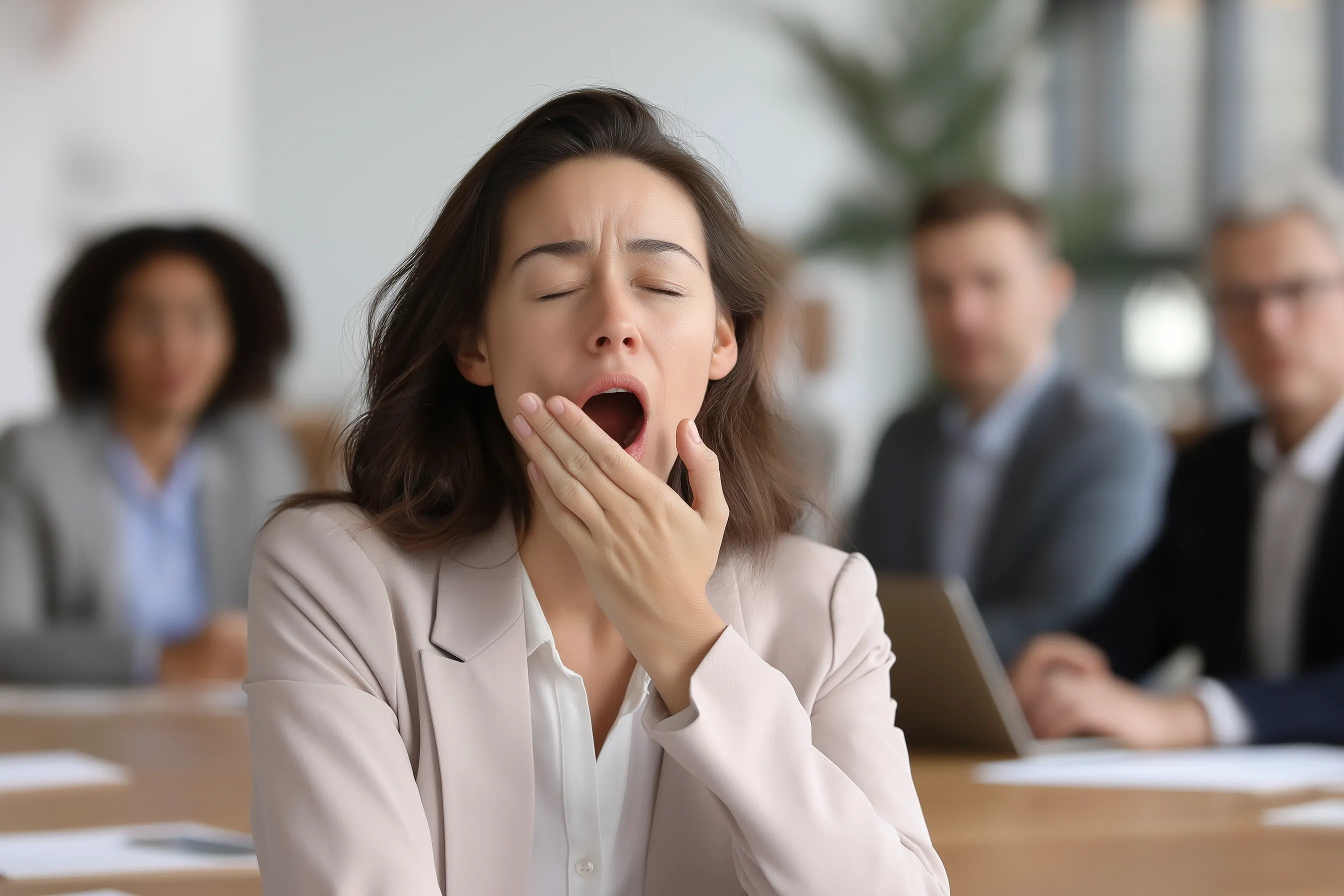 Mujer mexicana joven bostezando durante una jornada laboral en la oficina, mostrando los efectos de dormir poco.