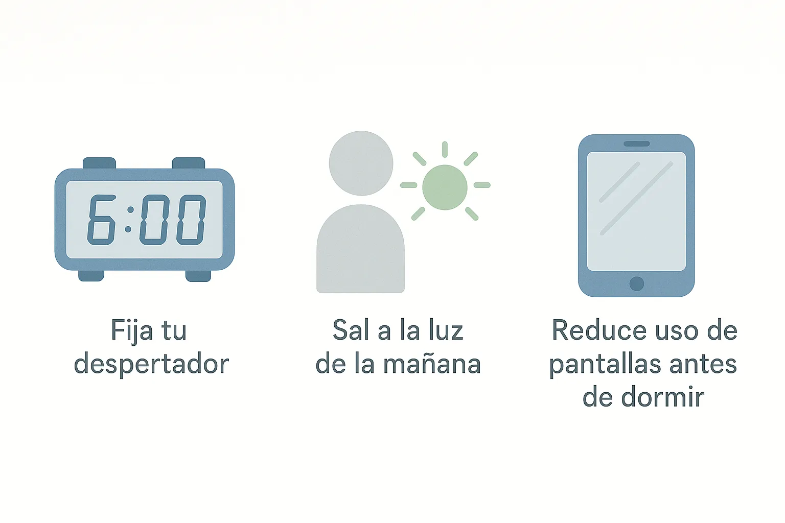 Infografía minimalista con tres hábitos esenciales para dormir mejor: fija tu despertador, sal a la luz de la mañana y reduce uso de pantallas antes de dormir.