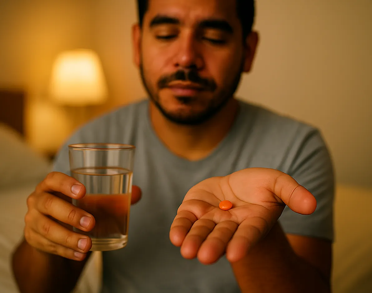 Primer plano de una mano masculina mostrando una gomita redonda naranja de melatonina y un vaso de agua, con la figura del hombre desenfocada al fondo en su recámara.