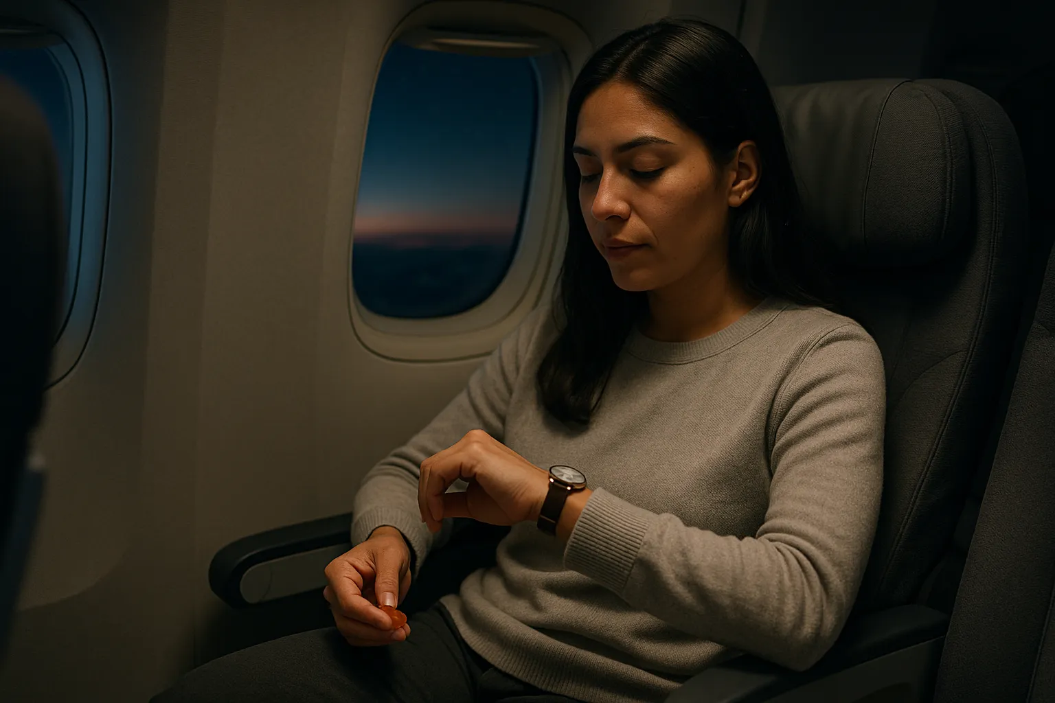 Mujer mexicana de unos 30 años viajando en avión, mirando su reloj mientras sostiene una gomita de melatonina naranja junto a la ventana durante un vuelo nocturno.