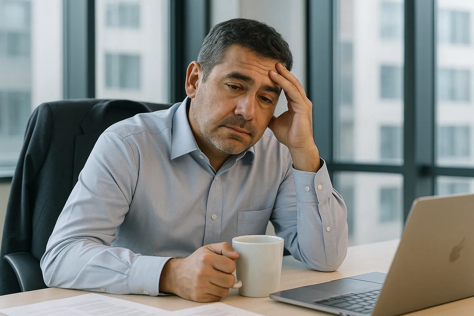 Alt-text: Hombre de negocios mexicano de unos 45 años en su oficina por la mañana, con gesto de cansancio ligero mientras sostiene una taza de café frente a su escritorio.