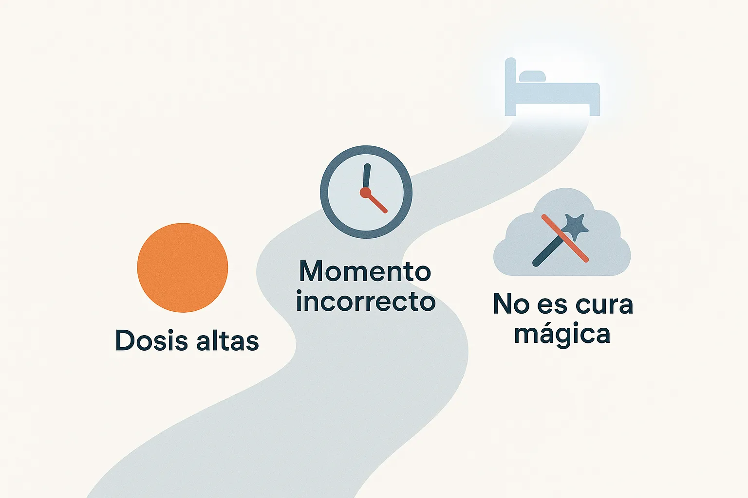 Infografía de un camino con tres obstáculos: una gomita de melatonina gigante que simboliza dosis altas, un reloj desajustado que representa el momento incorrecto y una nube mágica tachada que señala la falsa creencia de que la melatonina es una cura mágica.