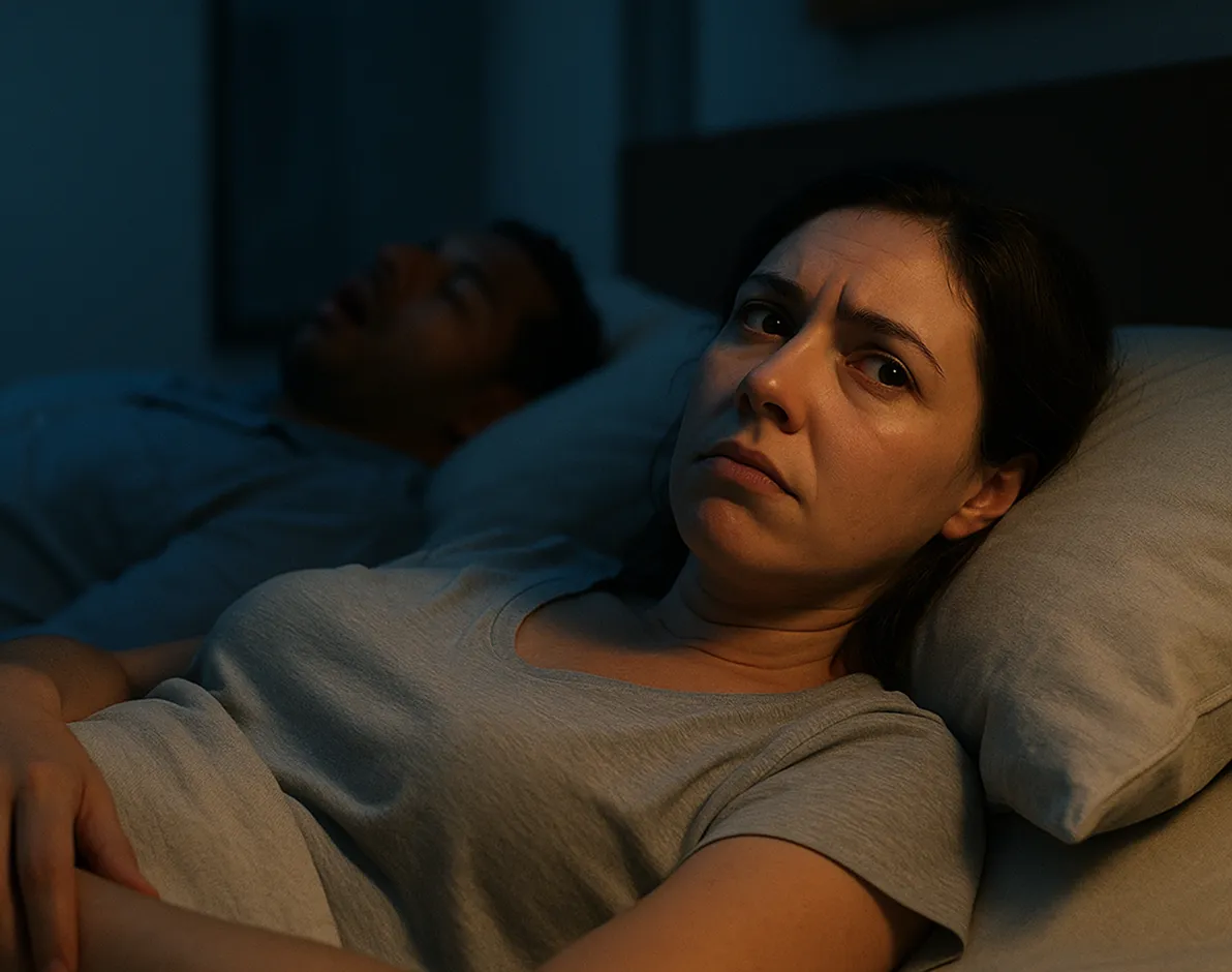 Mujer mexicana de piel clara despierta en la cama, cansada, mientras su pareja de piel morena clara aparece desenfocada al fondo roncando en la oscuridad.