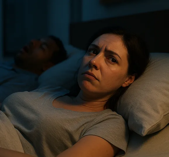 Mujer mexicana de piel clara despierta en la cama, cansada, mientras su pareja de piel morena clara aparece desenfocada al fondo roncando en la oscuridad.