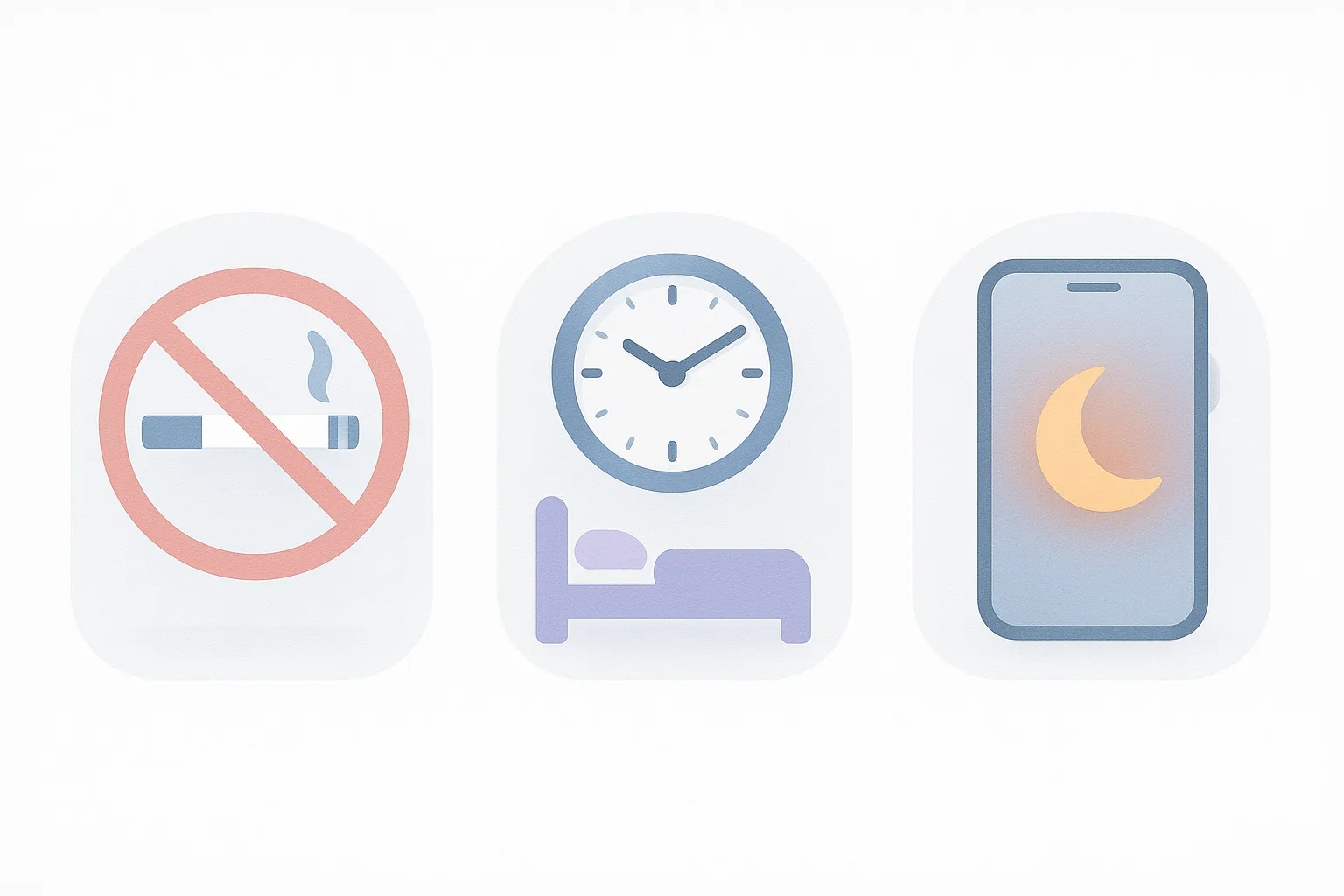 Infografía editorial con tres íconos minimalistas: cigarro tachado, reloj con cama y celular con ícono de luna cálida que simboliza reducción de pantallas.