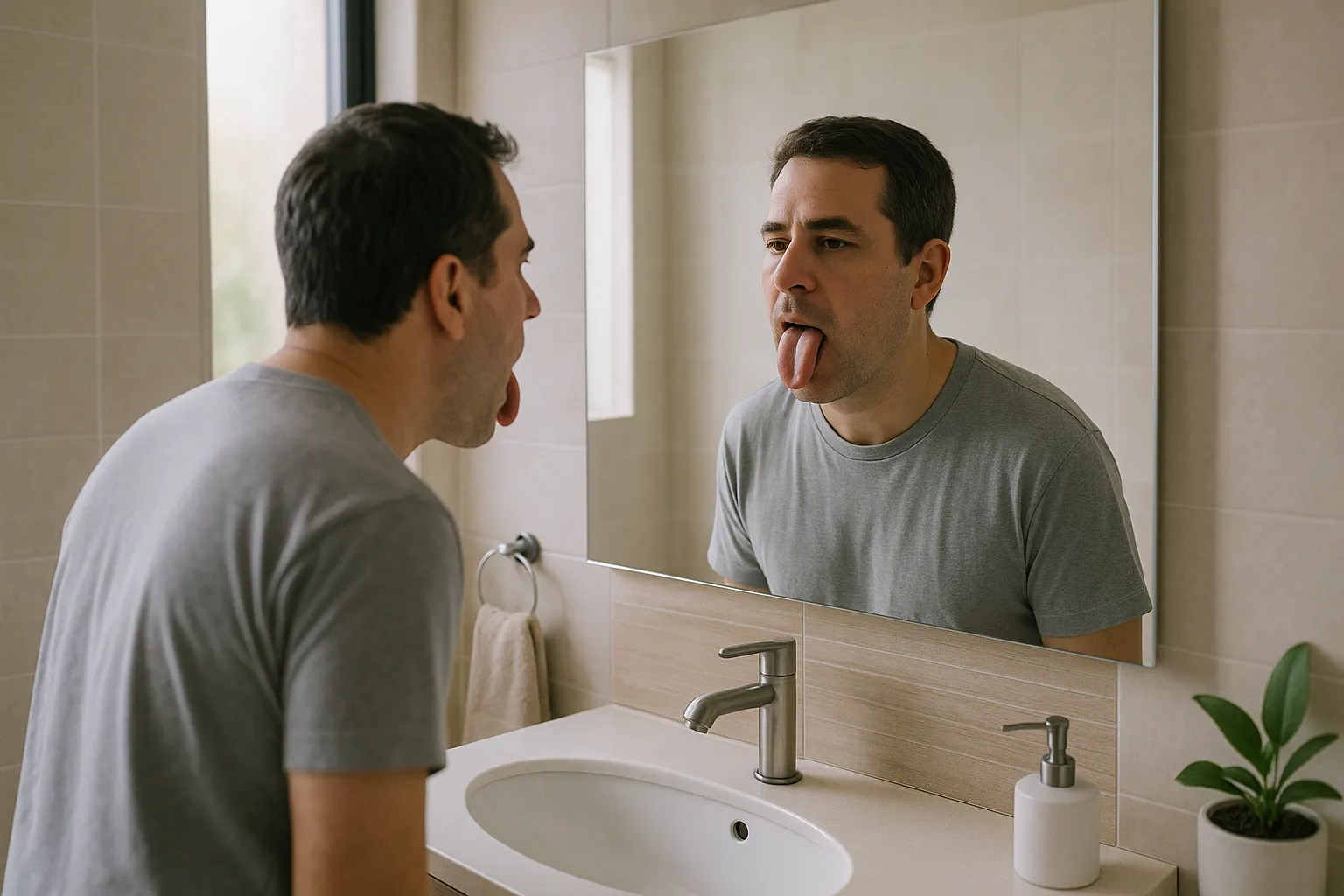 Hombre mexicano de piel clara, 42 años, en ropa de dormir sencilla, practica frente al espejo un ejercicio para dejar de roncar, sacando la lengua en un baño hogareño de clase media-alta.