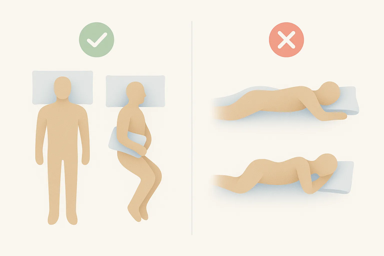 Infografía minimalista que compara posturas para dormir: a la izquierda, dos posiciones correctas con palomita verde; a la derecha, dos posiciones incorrectas con una X roja.