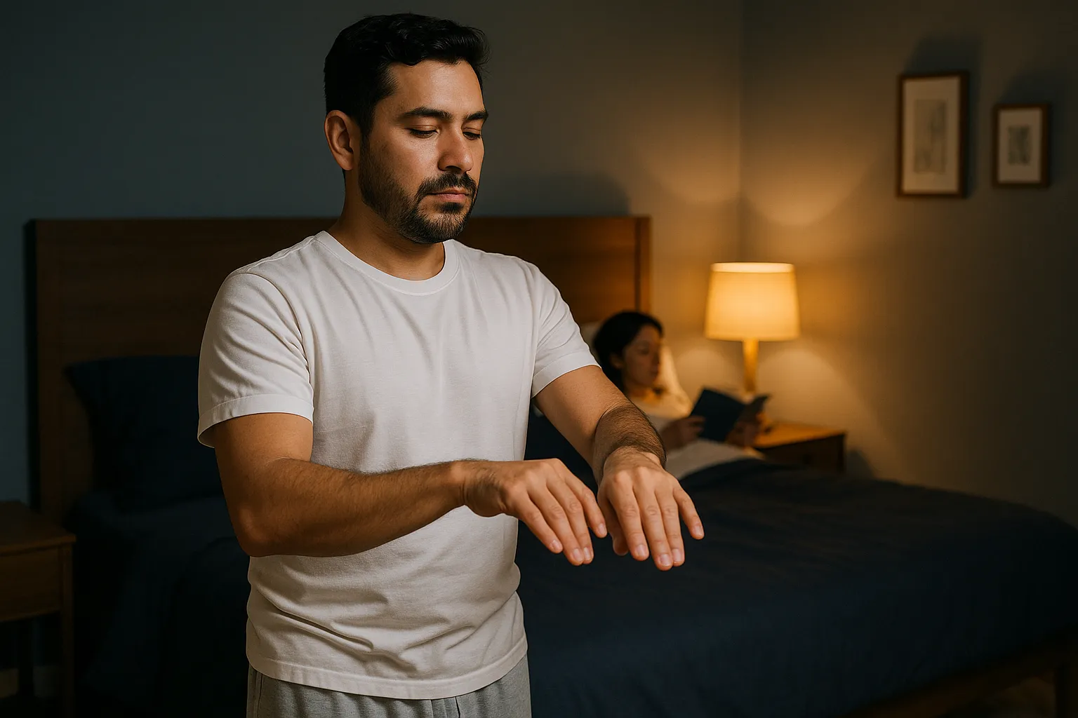 Hombre mexicano de clase media-alta de pie junto a la cama, haciendo ejercicios de muñeca, mientras su pareja lee un libro recostada bajo la luz cálida de la lámpara de buró.Los ejercicios de muñeca pueden integrarse fácilmente a la rutina nocturna en pareja, incluso mientras uno lee antes de dormir.