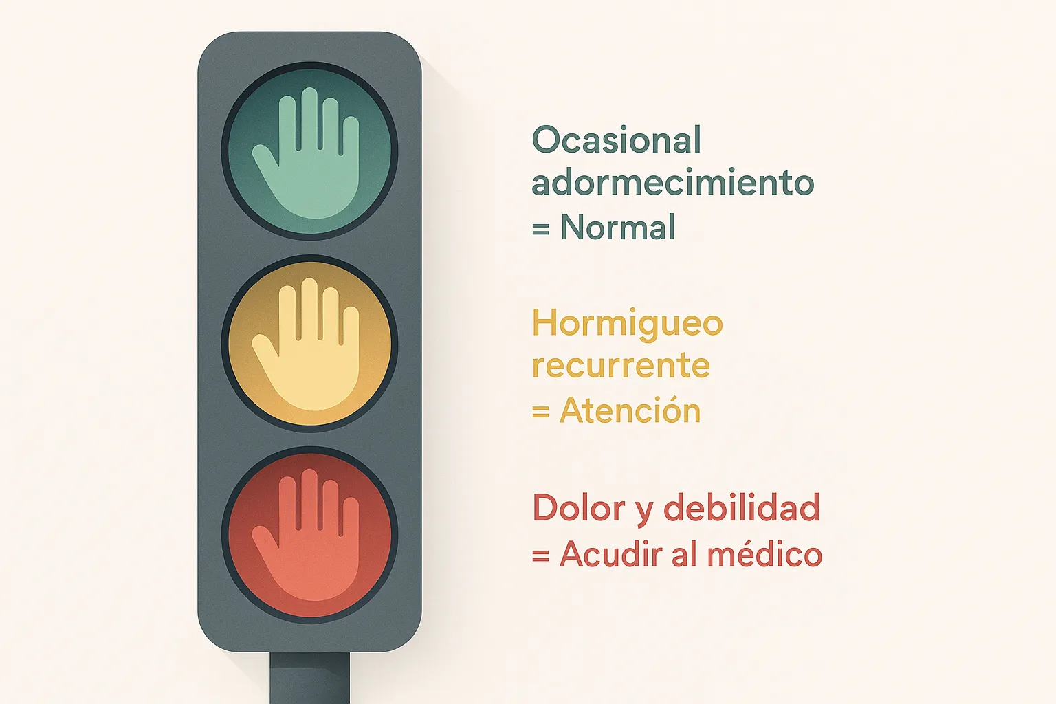 Infografía minimalista en forma de semáforo médico: mano verde para casos ocasionales, mano amarilla para hormigueo recurrente y mano roja para dolor o debilidad que requieren acudir al médico.