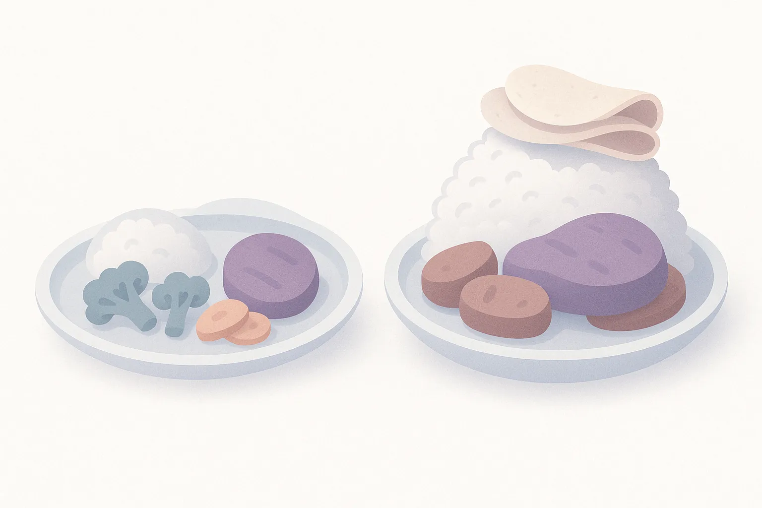 Infografía minimalista con dos platos: uno con porción moderada y equilibrada de comida y otro exageradamente lleno, mostrando cómo el tamaño de las porciones influye en la somnolencia.