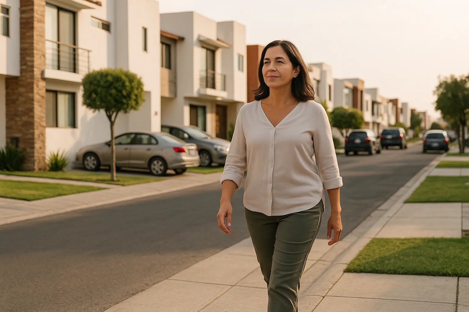 Mujer mexicana de unos 45 años, de clase media-alta, caminando de manera natural sobre la banqueta de un fraccionamiento con casas y autos estacionados, después de comer.