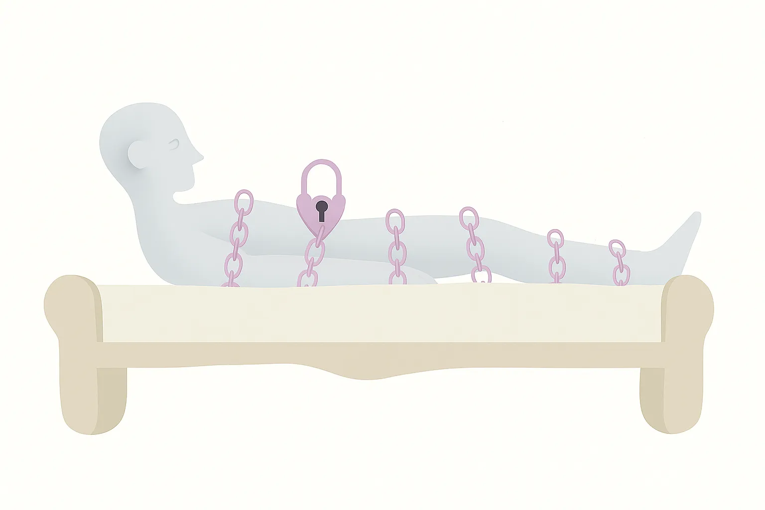 Ilustración editorial minimalista de una silueta humana recostada en una cama, con los ojos abiertos y el cuerpo atado por cadenas con un candado en el pecho, representando la parálisis del sueño.
