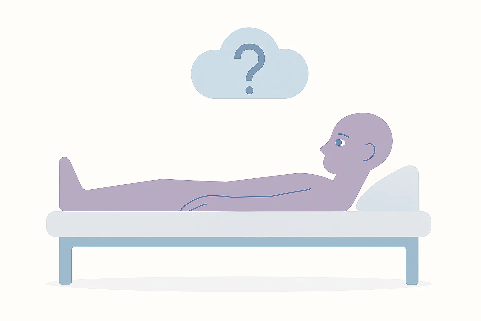 Ilustración editorial minimalista de una silueta humana acostada de lado en cama, ojos abiertos, con nube y signo de exclamación sobre la cabeza que simboliza miedo.