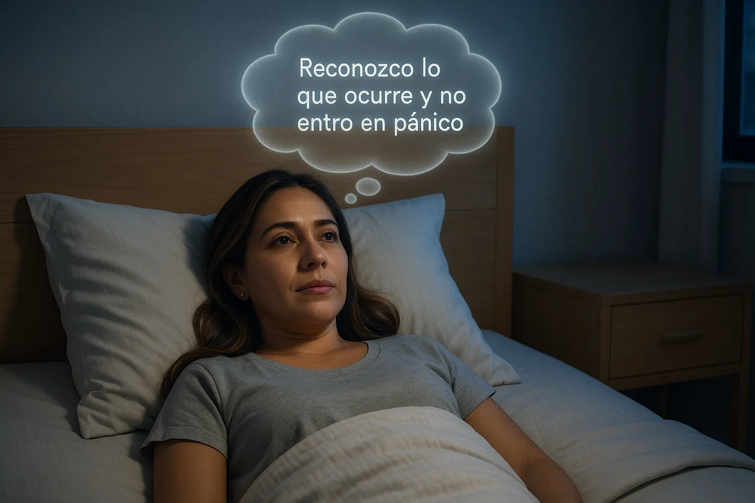 Mujer mexicana de 36 años recostada boca arriba en cama moderna, ojos abiertos con expresión calmada, iluminada por luz azul nocturna, con un globo de pensamiento que dice: ‘Reconozco lo que ocurre y no entro en pánico’.