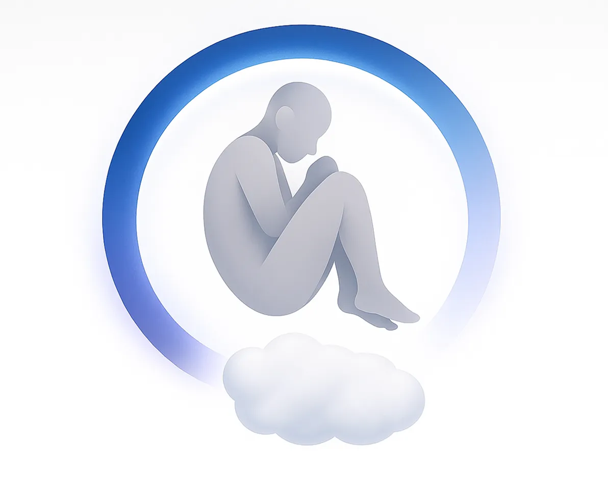 Ilustración editorial de una silueta humana neutral durmiendo dentro de un círculo luminoso que representa los ciclos de sueño de 90 minutos.