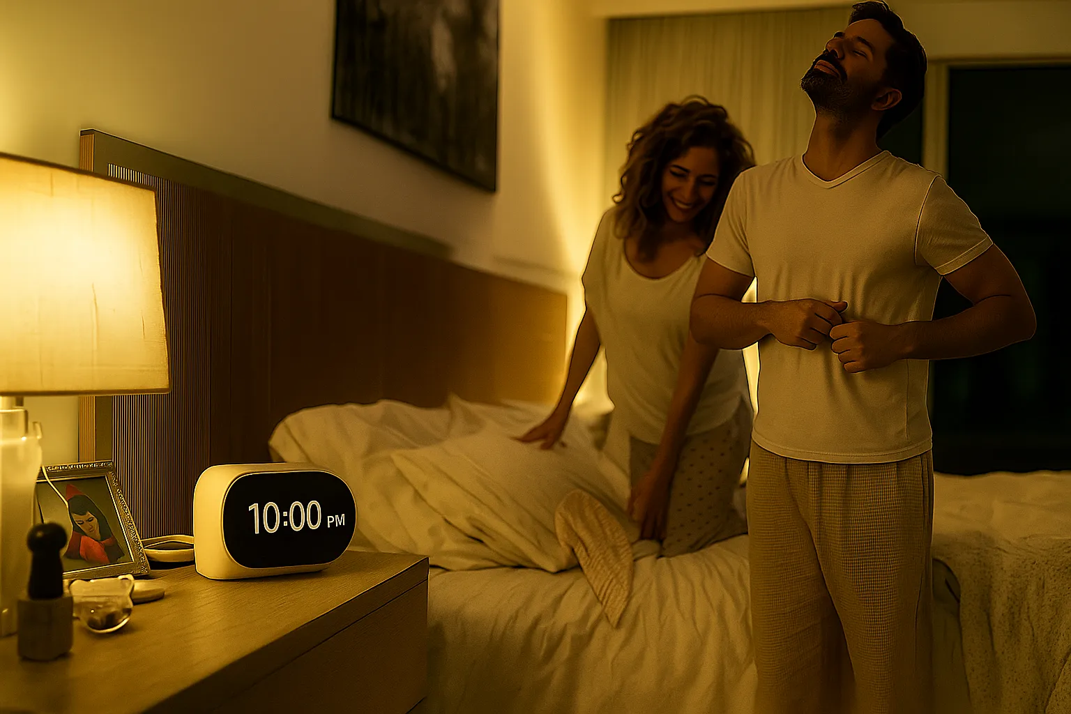 Pareja mexicana en su recámara moderna, preparándose para dormir a las 10 pm, mostrando un hábito clave para mejorar la calidad de los ciclos de sueño.