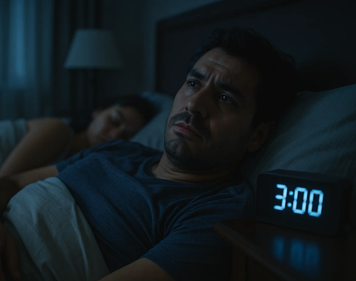Hombre mexicano despierto en la cama, mirando un reloj digital que marca las 3:00 am, con luz azul de la ventana y la lámpara apagada, mientras su pareja duerme desenfocada a su lado.