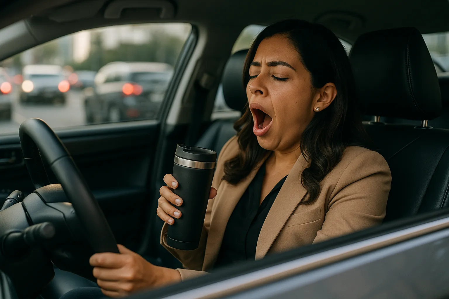 Mujer mexicana, cansada y bostezando dentro de su auto en un semáforo, con un termo de café en la mano y tráfico urbano desenfocado al fondo.