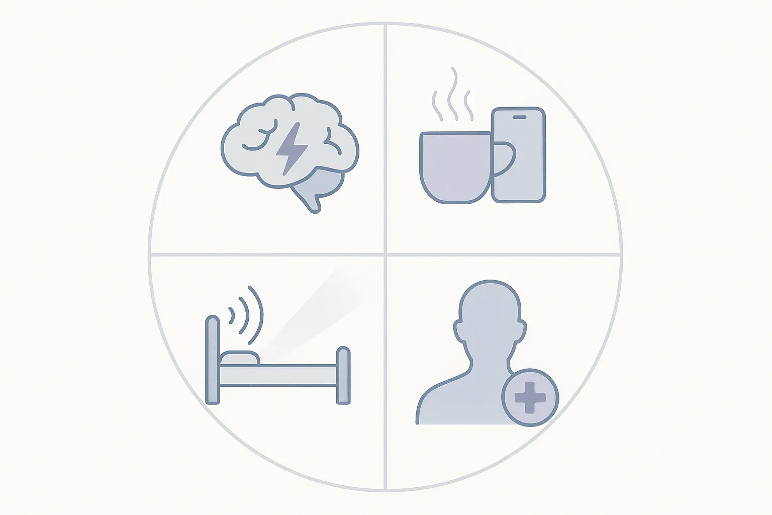 Infografía minimalista con un círculo dividido en cuatro cuadrantes, cada uno con un ícono que representa causas del insomnio: cerebro con rayo, café y celular, cama con ruido y luz, silueta con cruz médica.
