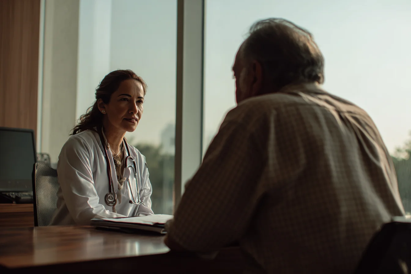 Hombre mexicano en sus 60s durante consulta real con doctora en un consultorio moderno, ilustrando diagnóstico médico del insomnio.