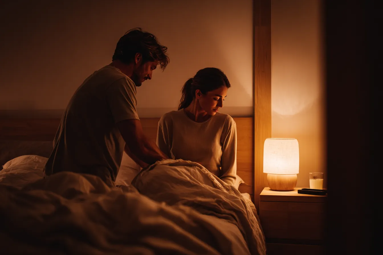 Pareja mexicana en su recámara apagando la luz y con el celular lejos de la cama, creando un ambiente ideal para mejorar la calidad del sueño.