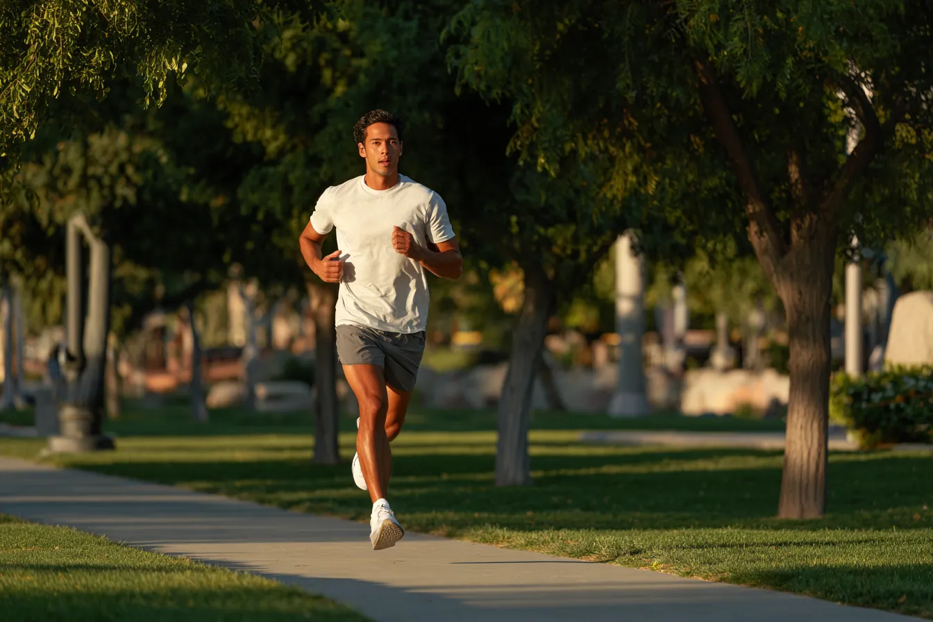 Hombre mexicano de 35 años, piel mestiza clara, corriendo en un parque moderno al atardecer con ropa deportiva premium, representando ejercicio saludable para mejorar el sueño