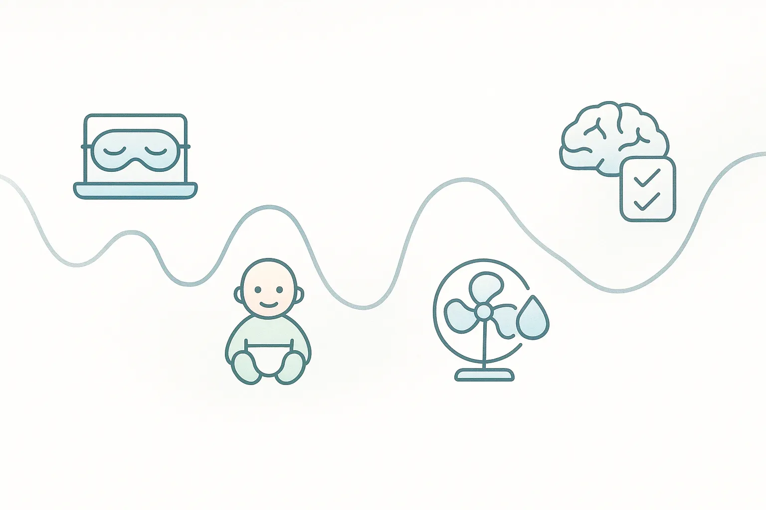 Infografía minimalista con línea ondulada e íconos: laptop con antifaz para turnos de trabajo irregulares, bebé para hijos pequeños, ventilador con gota de agua para clima extremo y cerebro con checklist para manejar el estrés, mostrando cómo adaptar hábitos de sueño en contextos difíciles.
