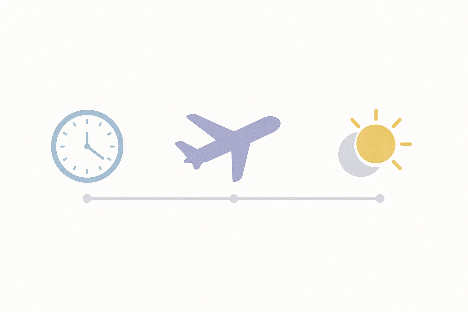 Infografía minimalista con timeline de 3 íconos: reloj, avión y sol-luna, representando las estrategias científicas contra el jet lag