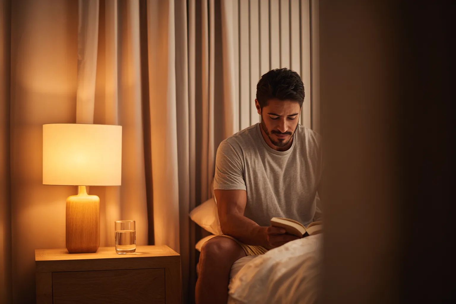 Hombre mexicano relajado en recámara organizada después de aplicar tratamientos para parálisis del sueño 