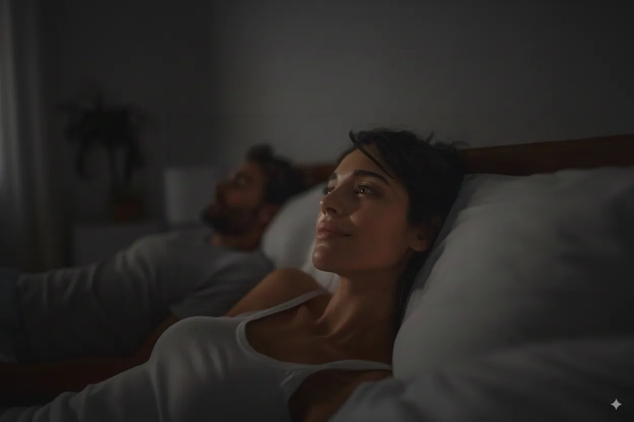 Mujer practicando técnicas de relajación y respiración consciente durante la noche en el dormitorio