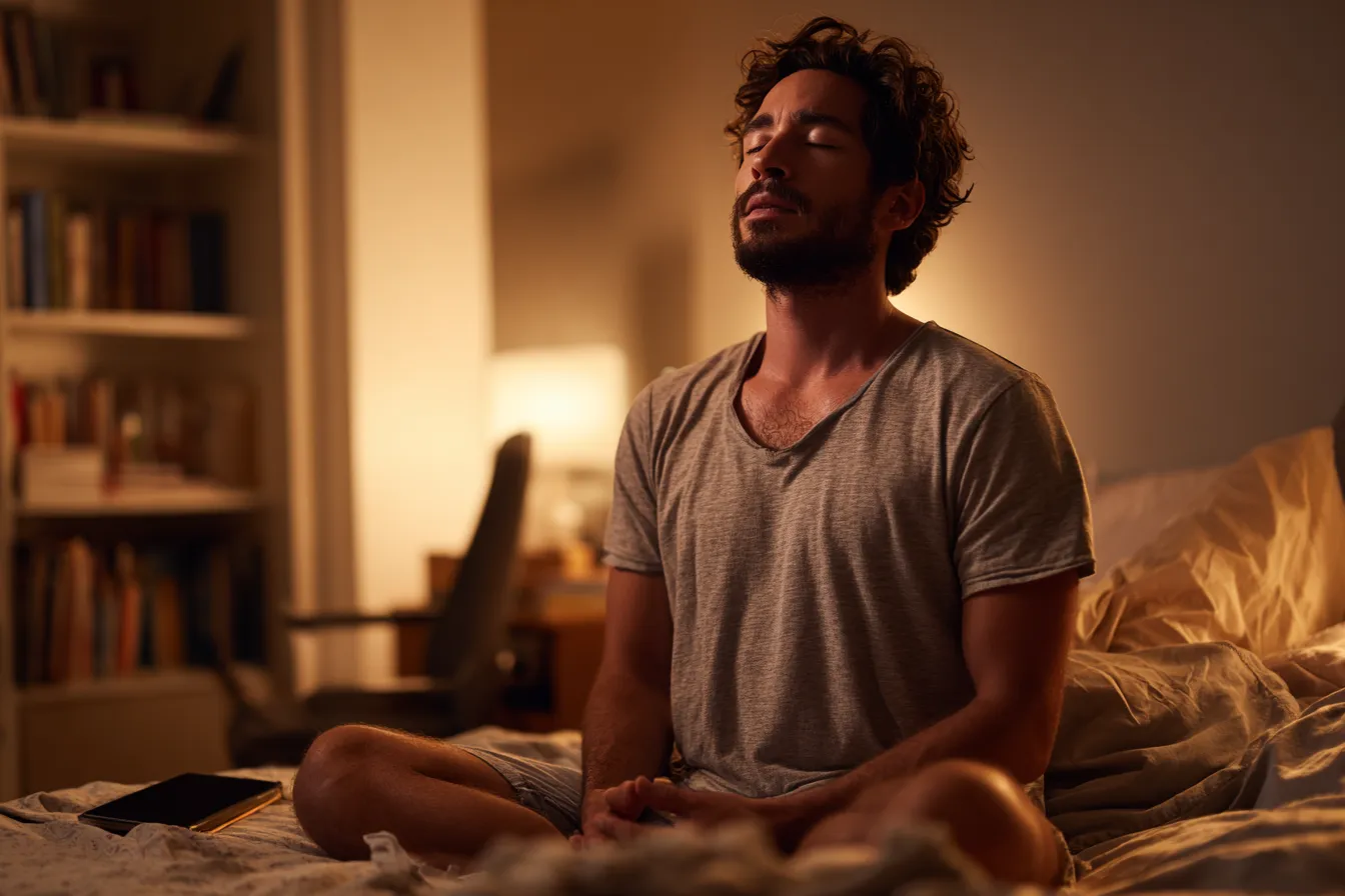 Hombre mexicano practicando técnica de respiración 4-7-8 de forma natural antes de dormir para prevenir parálisis del sueño