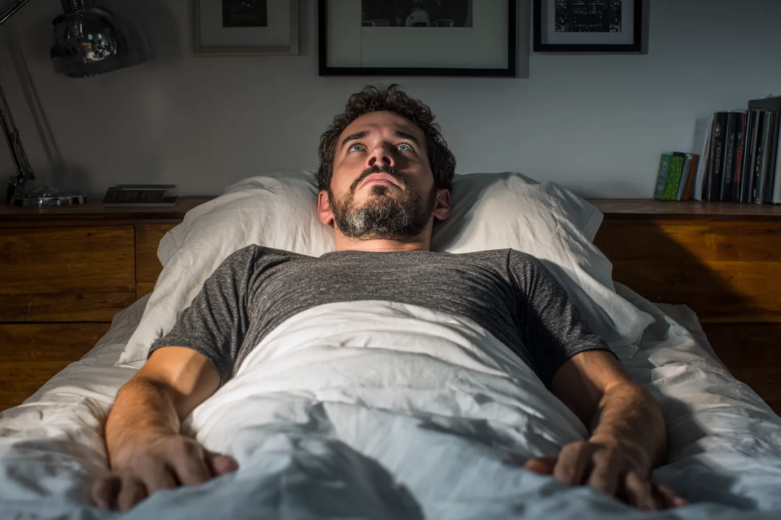 Hombre mexicano acostado completamente inmóvil en cama con ojos abiertos y expresión de miedo, experimentando episodio de parálisis del sueño