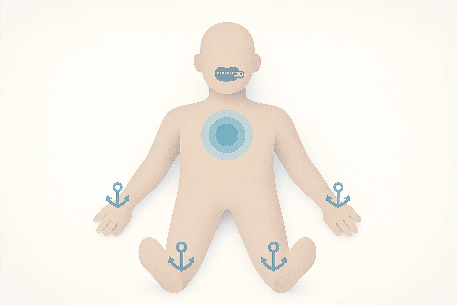 Infografía médica minimalista mostrando silueta humana acostada con tres símbolos clave: presión en pecho, boca cerrada y extremidades ancladas representando parálisis del sueño